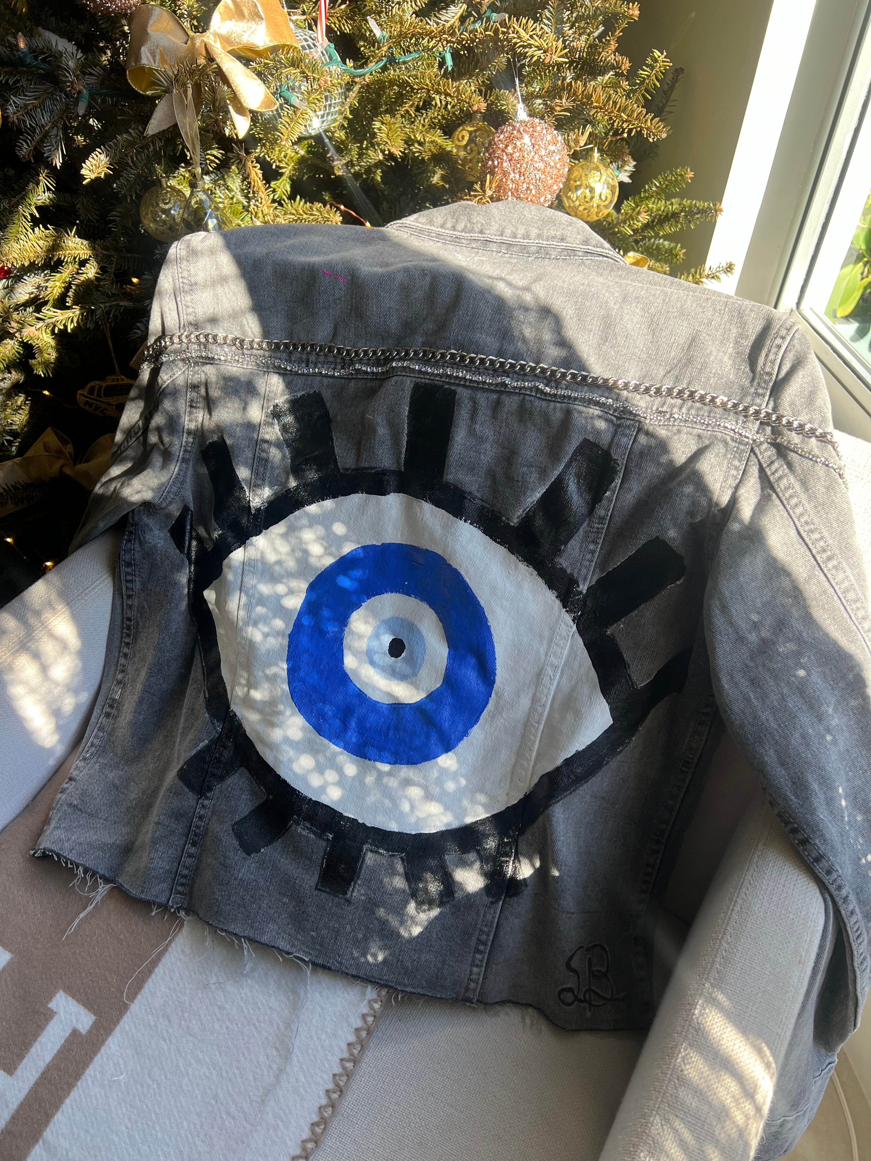 Sadhana Bruco Original hand painted Jacket “Evil eye blue and white”