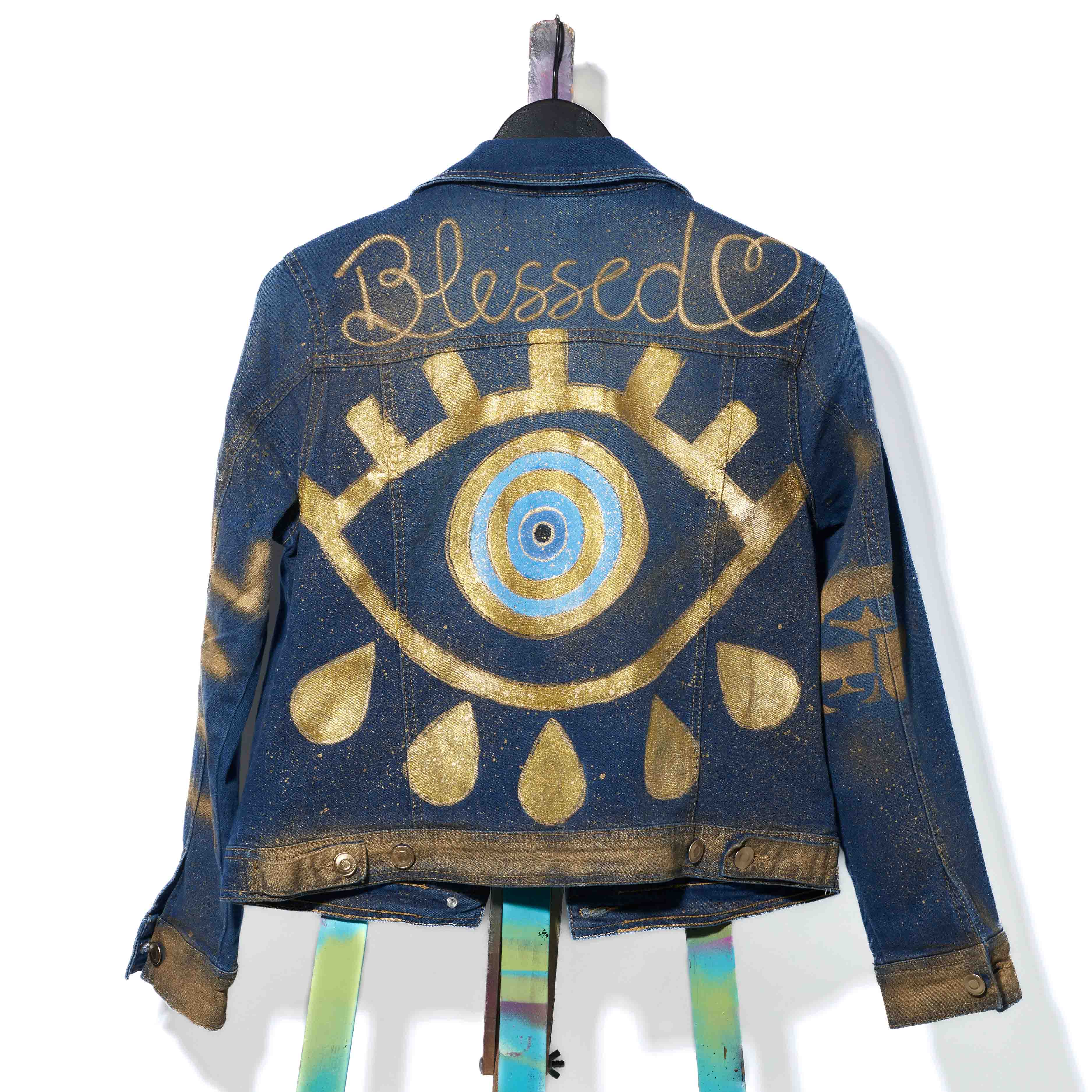 Sadhana Bruçó Denim Jacket Evil Eye Blessed Gold and Blue